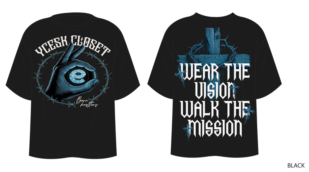 Black t-shirt with eye design and text on a white background