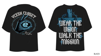 Black t-shirt with eye design and text on a white background