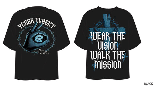 Black t-shirt with eye design and text on a white background